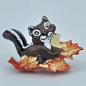 Chipmunk Brooch Vintage Autumn Fall Leaves Resin Squirrel Playing Holiday Pin